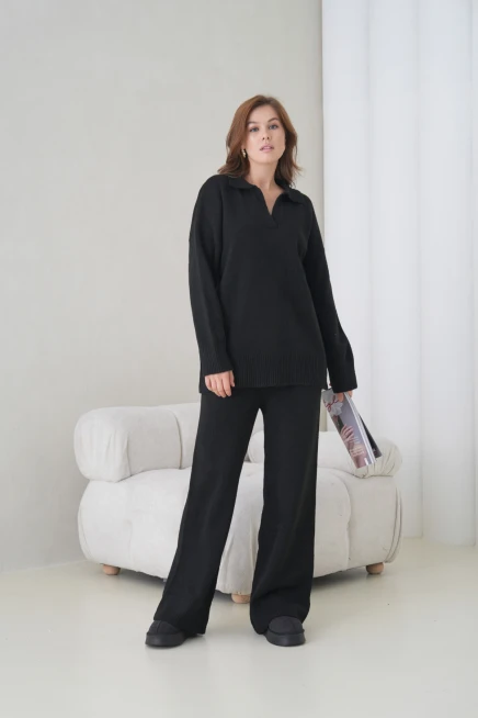 Kadın Polo Yaka Yarım Pat Oversize Kazak Pantolon İkili Triko Takım