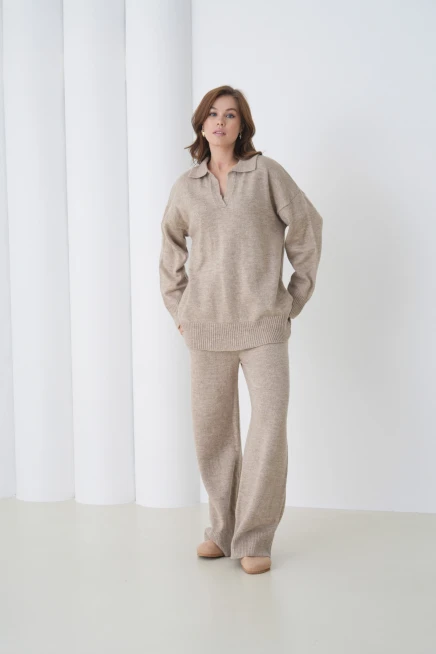 Kadın Polo Yaka Yarım Pat Oversize Kazak Pantolon İkili Triko Takım