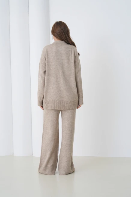 Kadın Polo Yaka Yarım Pat Oversize Kazak Pantolon İkili Triko Takım