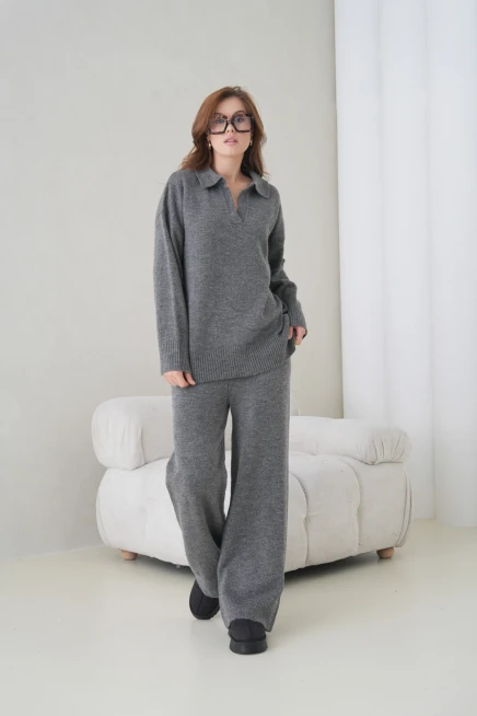 Kadın Polo Yaka Yarım Pat Oversize Kazak Pantolon İkili Triko Takım