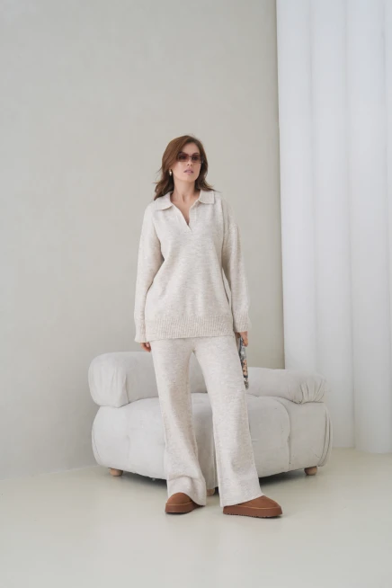 Kadın Polo Yaka Yarım Pat Oversize Kazak Pantolon İkili Triko Takım