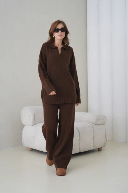 Kadın Polo Yaka Yarım Pat Oversize Kazak Pantolon İkili Triko Takım