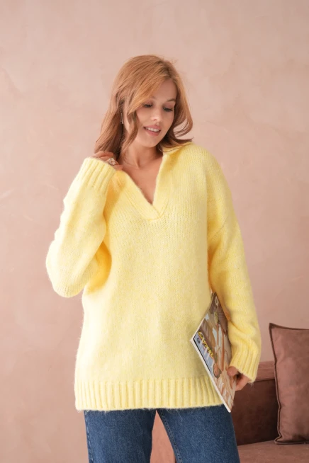 Kadın Polo Yaka Yumuşak Dokulu Oversize Triko Kazak