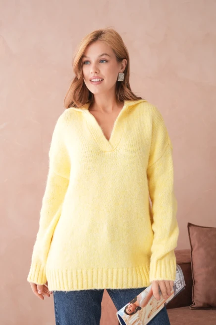 Kadın Polo Yaka Yumuşak Dokulu Oversize Triko Kazak