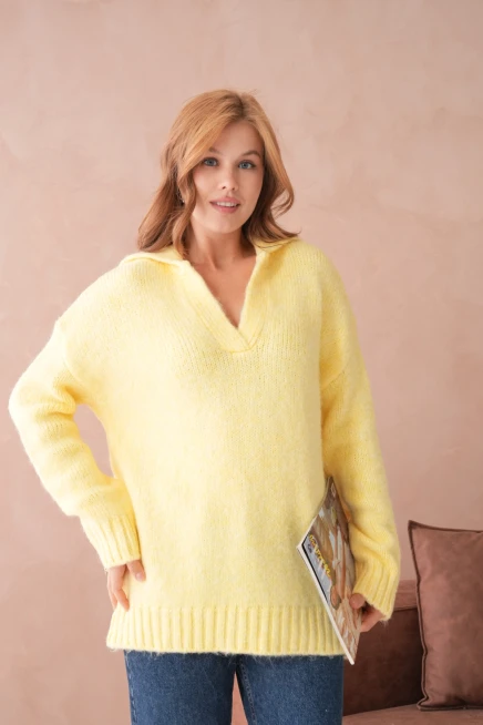 Kadın Polo Yaka Yumuşak Dokulu Oversize Triko Kazak