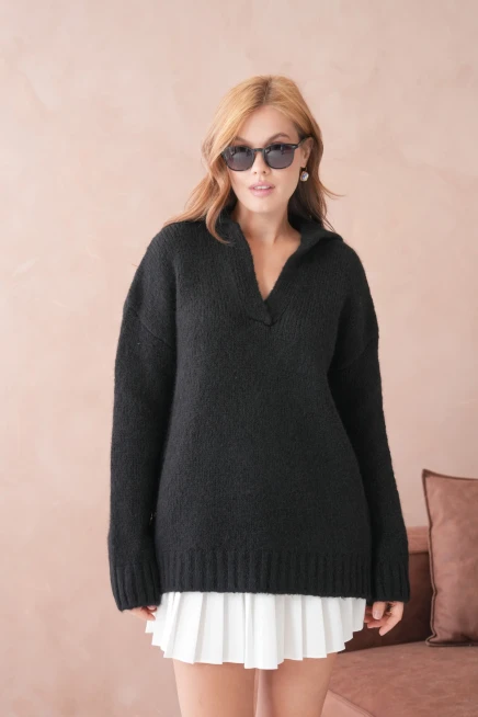 Kadın Polo Yaka Yumuşak Dokulu Oversize Triko Kazak