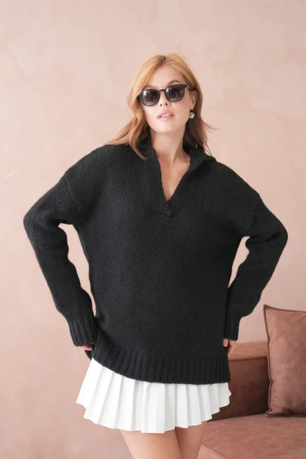 Kadın Polo Yaka Yumuşak Dokulu Oversize Triko Kazak