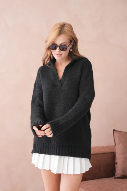 Kadın Polo Yaka Yumuşak Dokulu Oversize Triko Kazak