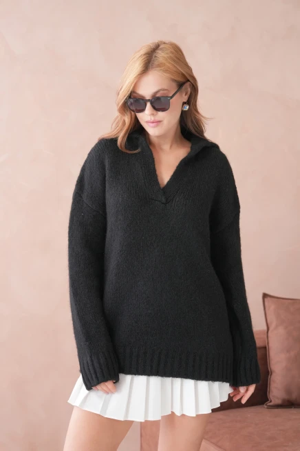 Kadın Polo Yaka Yumuşak Dokulu Oversize Triko Kazak