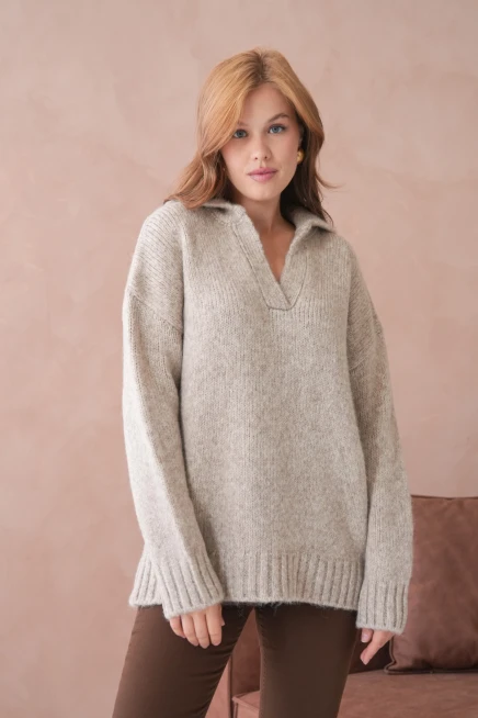 Kadın Polo Yaka Yumuşak Dokulu Oversize Triko Kazak