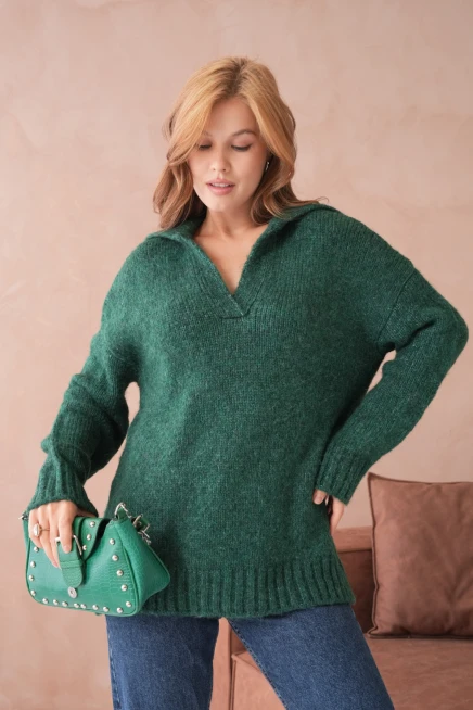 Kadın Polo Yaka Yumuşak Dokulu Oversize Triko Kazak