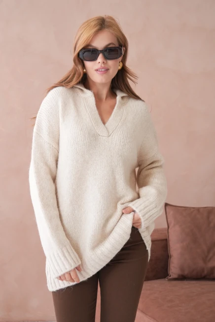 Kadın Polo Yaka Yumuşak Dokulu Oversize Triko Kazak