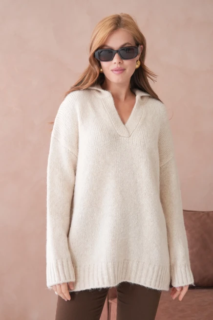 Kadın Polo Yaka Yumuşak Dokulu Oversize Triko Kazak