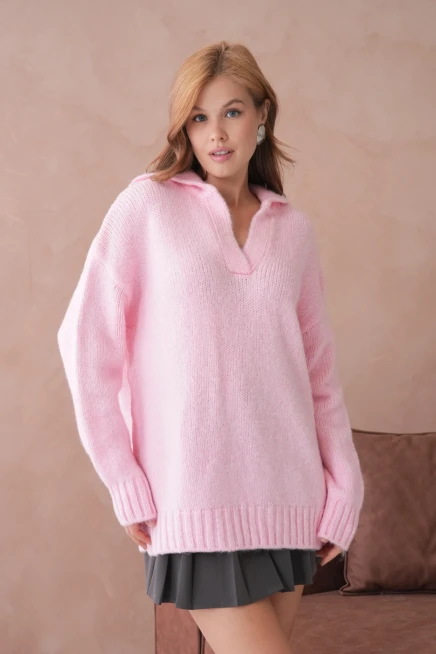 Kadın Polo Yaka Yumuşak Dokulu Oversize Triko Kazak