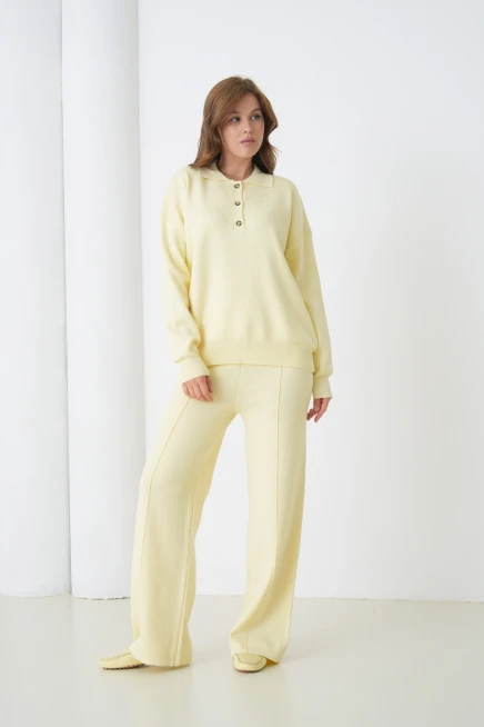 Kadın Siyah Polo Yaka Kazak Pantolon Triko Alt-Üst Takım