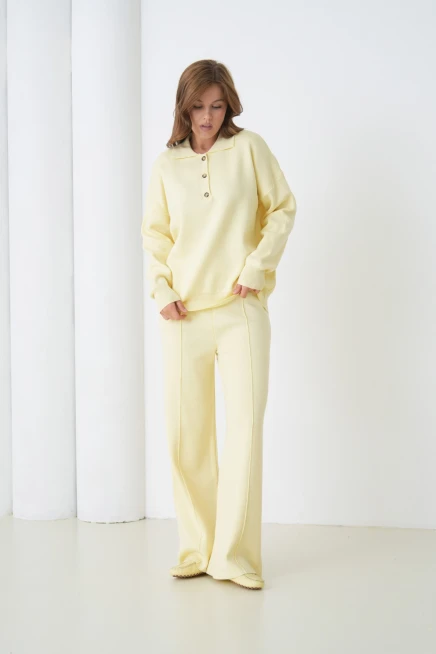 Kadın Siyah Polo Yaka Kazak Pantolon Triko Alt-Üst Takım