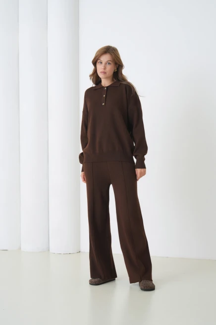 Kadın Siyah Polo Yaka Kazak Pantolon Triko Alt-Üst Takım