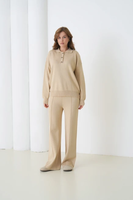 Kadın Siyah Polo Yaka Kazak Pantolon Triko Alt-Üst Takım