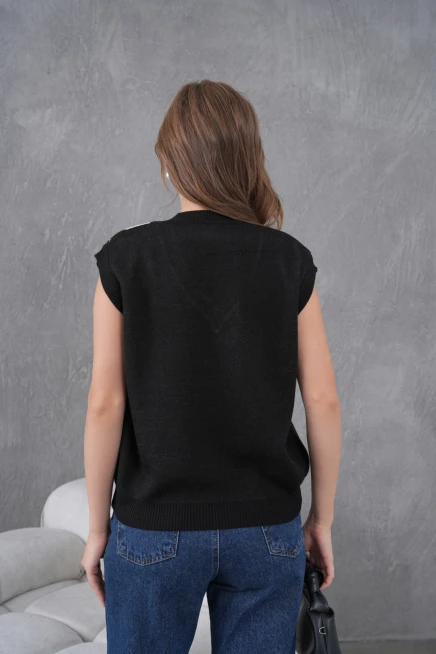 Kadın V Yaka Baklava Desenli Triko Sweater