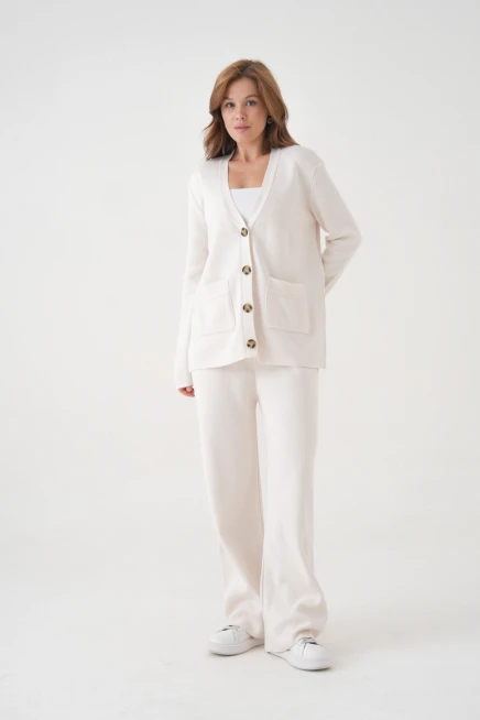 Kadın V Yaka Cep Detay Düğme Kapama Oversize Ceket Pantolon İkili Triko Takım