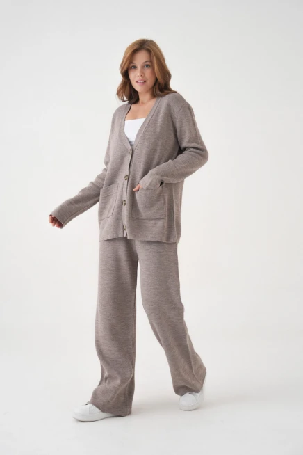 Kadın V Yaka Cep Detay Düğme Kapama Oversize Ceket Pantolon İkili Triko Takım