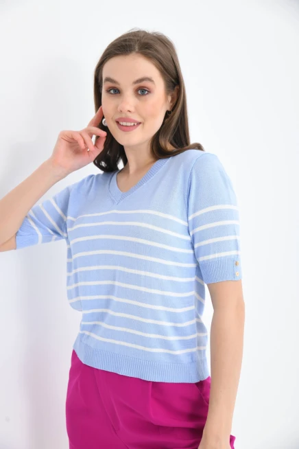 Kadın V Yaka Çizgili Kısa Kol Triko Kazak
