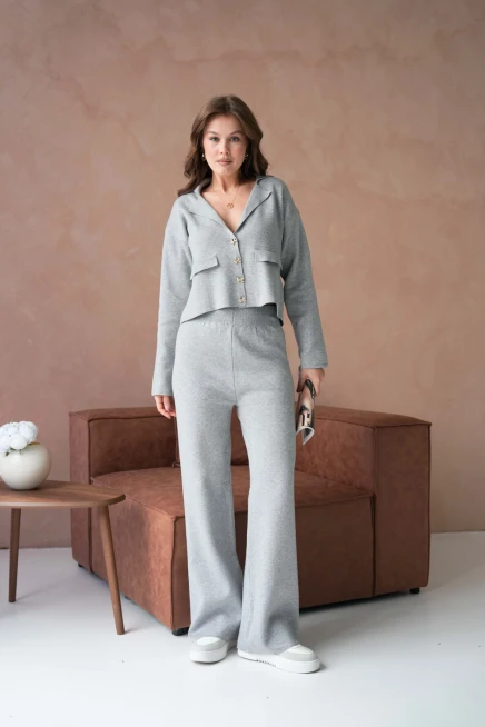 Kadın V Yaka Düğme Detay Ceket Pantolon İkili Triko Takım