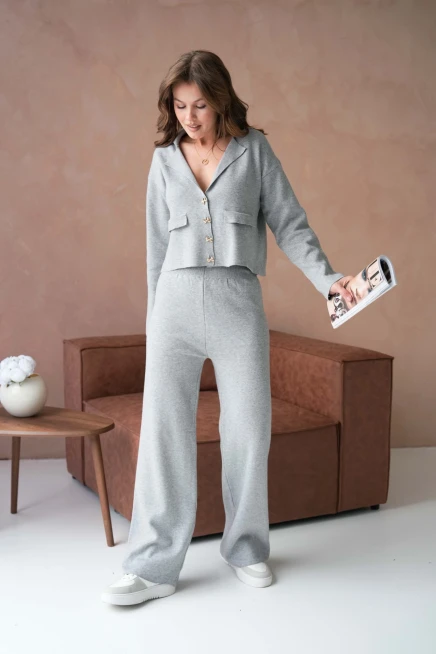 Kadın V Yaka Düğme Detay Ceket Pantolon İkili Triko Takım