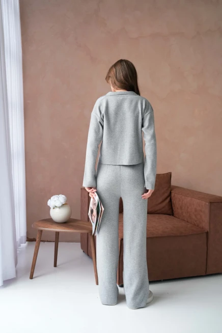 Kadın V Yaka Düğme Detay Ceket Pantolon İkili Triko Takım