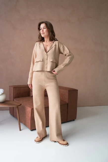 Kadın V Yaka Düğme Detay Ceket Pantolon İkili Triko Takım