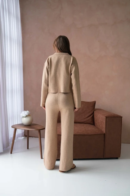 Kadın V Yaka Düğme Detay Ceket Pantolon İkili Triko Takım