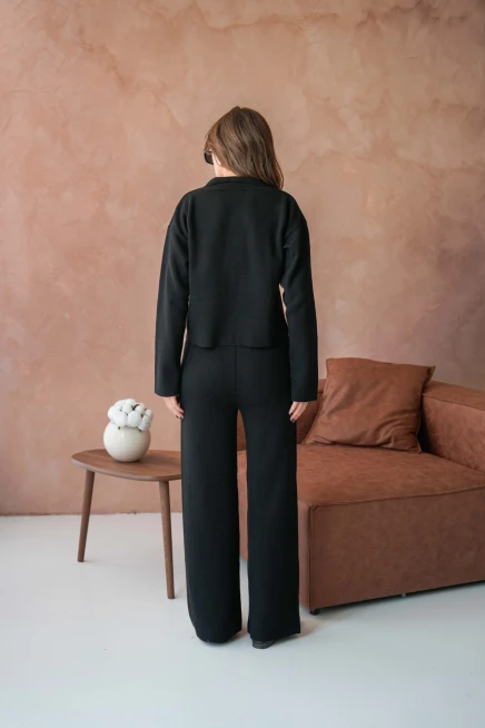 Kadın V Yaka Düğme Detay Ceket Pantolon İkili Triko Takım