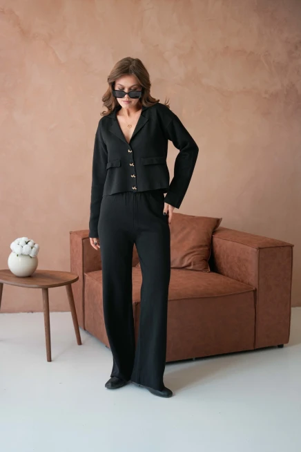 Kadın V Yaka Düğme Detay Ceket Pantolon İkili Triko Takım