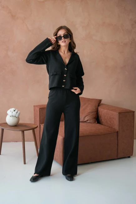 Kadın V Yaka Düğme Detay Ceket Pantolon İkili Triko Takım