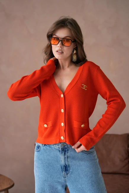 Kadın V Yaka Düğme Detay Nakışlı Triko Hırka