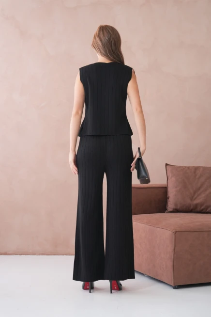 Kadın V Yaka Düğme Detay Yelek Pantolon İkili Triko Takım