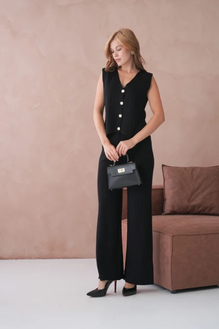 Kadın V Yaka Düğme Detay Yelek Pantolon İkili Triko Takım