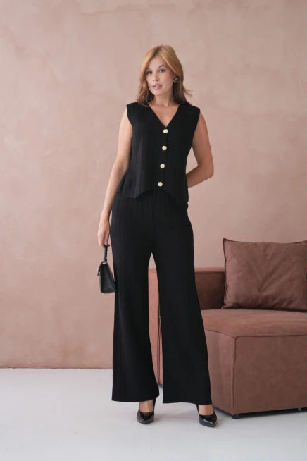 Kadın V Yaka Düğme Detay Yelek Pantolon İkili Triko Takım