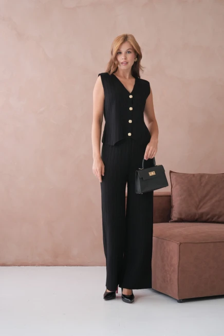 Kadın V Yaka Düğme Detay Yelek Pantolon İkili Triko Takım