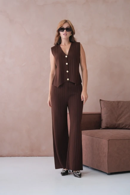 Kadın V Yaka Düğme Detay Yelek Pantolon İkili Triko Takım