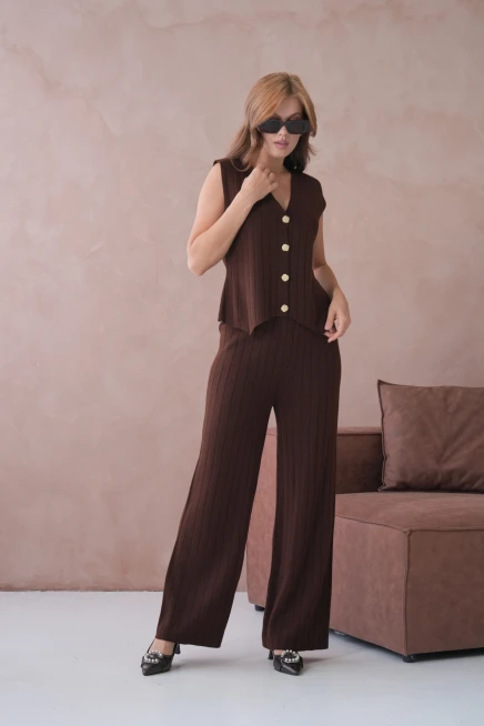 Kadın V Yaka Düğme Detay Yelek Pantolon İkili Triko Takım