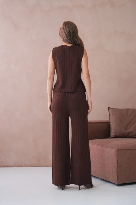 Kadın V Yaka Düğme Detay Yelek Pantolon İkili Triko Takım