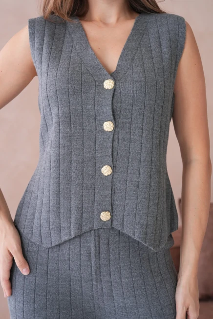 Kadın V Yaka Düğme Detay Yelek Pantolon İkili Triko Takım