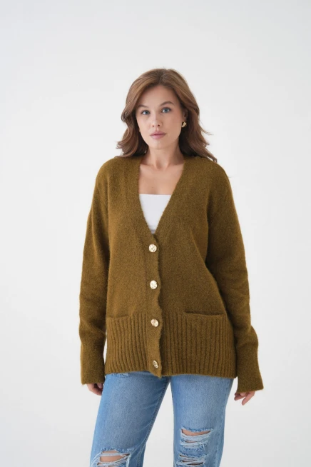 Kadın V Yaka Düğme Kapama Yün Karışımlı Şardonlu Oversize Triko Hırka 8641Sw