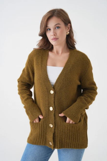 Kadın V Yaka Düğme Kapama Yün Karışımlı Şardonlu Oversize Triko Hırka 8641Sw