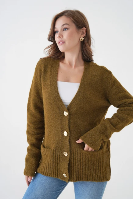 Kadın V Yaka Düğme Kapama Yün Karışımlı Şardonlu Oversize Triko Hırka 8641Sw