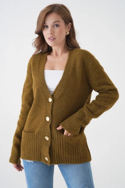 Kadın V Yaka Düğme Kapama Yün Karışımlı Şardonlu Oversize Triko Hırka 8641Sw
