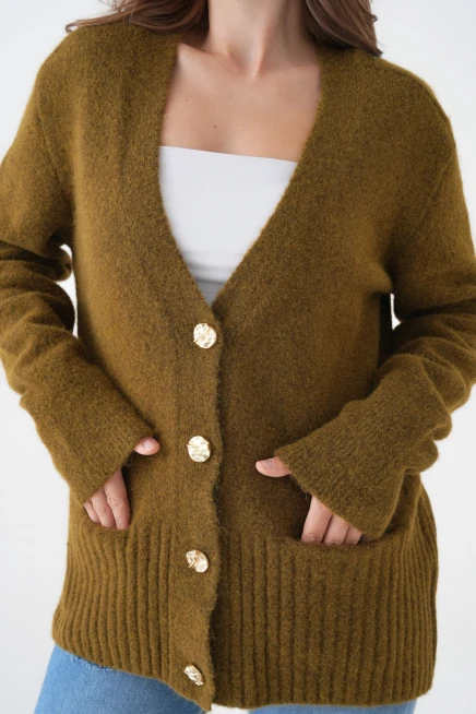 Kadın V Yaka Düğme Kapama Yün Karışımlı Şardonlu Oversize Triko Hırka 8641Sw