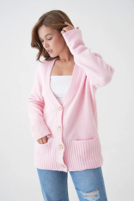 Kadın V Yaka Düğme Kapama Yün Karışımlı Şardonlu Oversize Triko Hırka 8641Sw