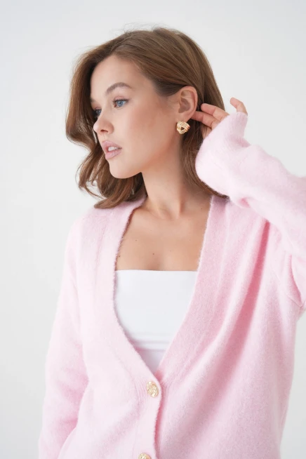 Kadın V Yaka Düğme Kapama Yün Karışımlı Şardonlu Oversize Triko Hırka 8641Sw